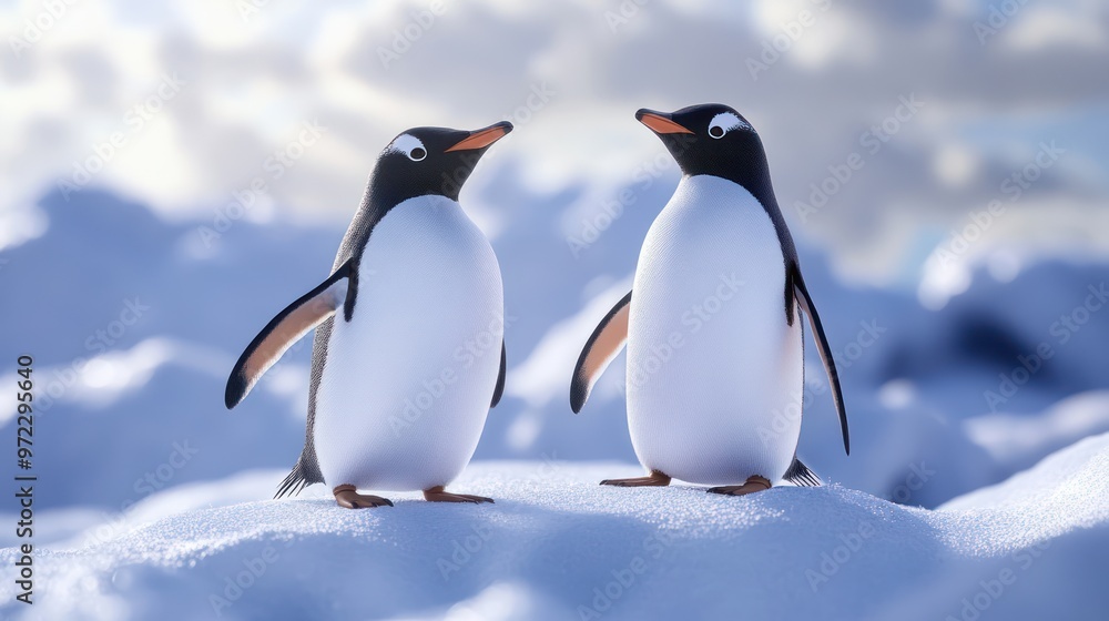Fototapeta premium Two animated penguins stand playfully on a snowy landscape, showcasing their charming personalities.