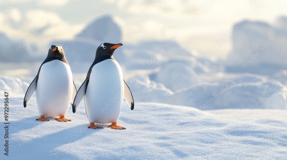 Obraz premium Two charming penguins standing on a snowy landscape, capturing the essence of their icy habitat.