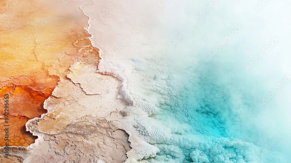 This image depicts a surreal geothermal landscape with a striking contrast between turquoise blue and orange-hued thermal pools. Mist rises gently from the surface. This image depicts a surreal geothermal landscape with a striking contrast between turquoise blue and orange-hued thermal pools. Mist rises gently from the surface.