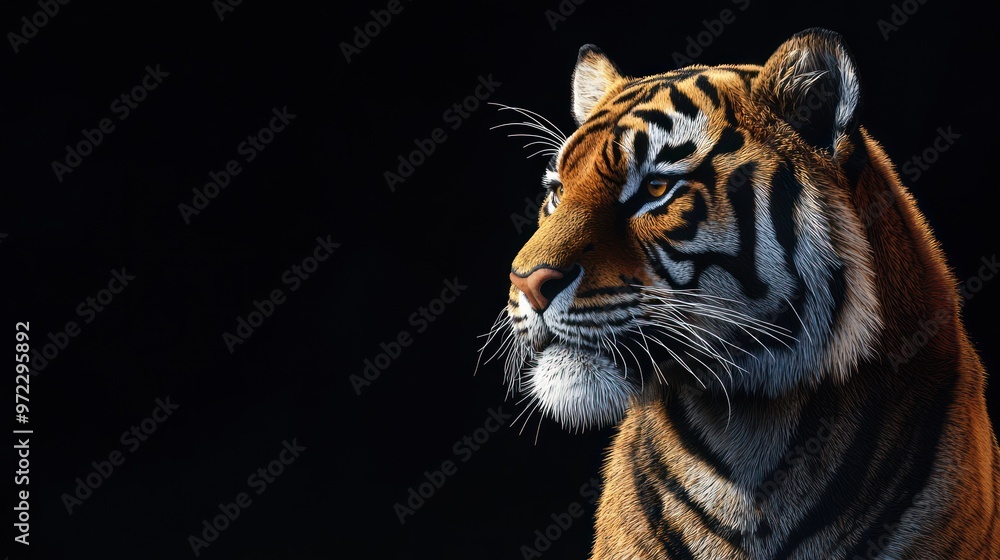A majestic Bengal tiger gazes intently, showcasing its striking orange and black stripes against a dark backdrop. A majestic Bengal tiger gazes intently, showcasing its striking orange and black stripes against a dark backdrop.