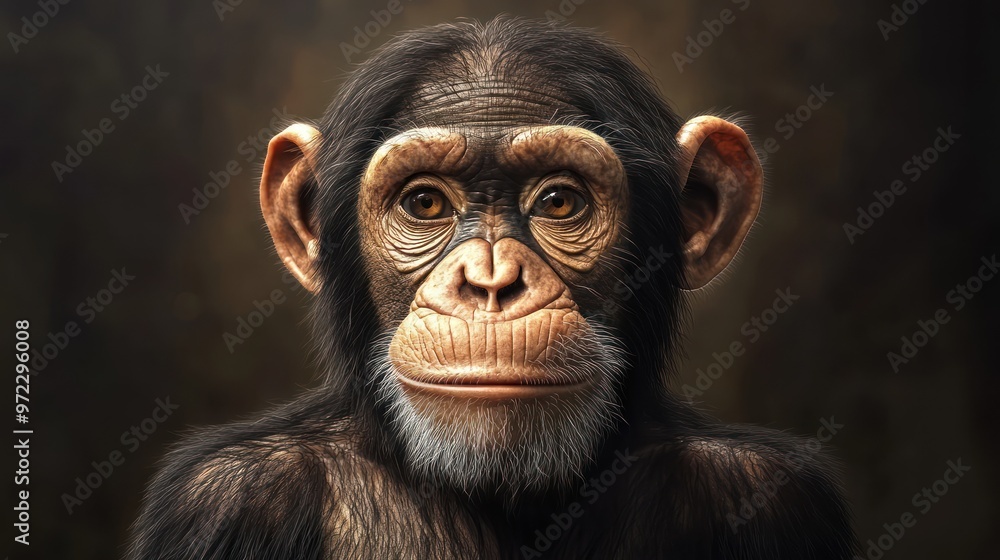 A close-up image of a chimpanzee with expressive eyes and a detailed fur texture against a dark, blurred background. A close-up image of a chimpanzee with expressive eyes and a detailed fur texture against a dark, blurred background.