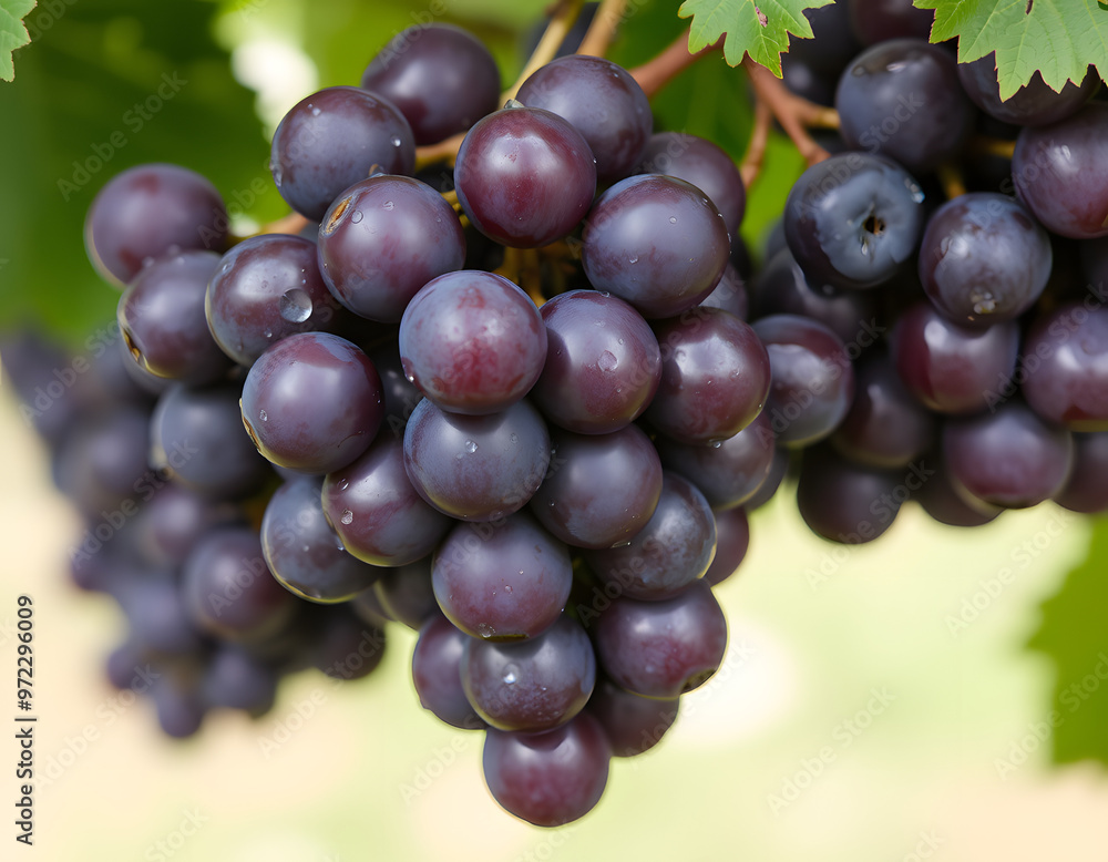 Fototapeta premium A single bunch of purple grapes, covered in fine dew.