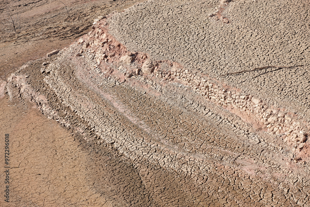 Climate change and water crisis. Dry and cracked terrain
