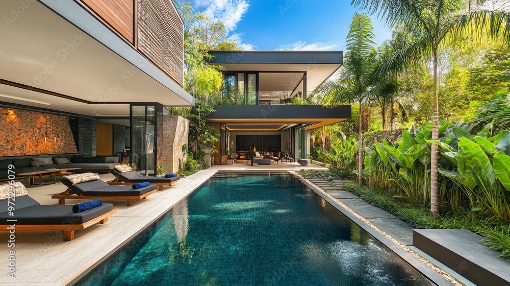 custom made wallpaper toronto digitalA luxurious outdoor swimming pool surrounded by tropical landscaping and lounge chairs in a modern villa