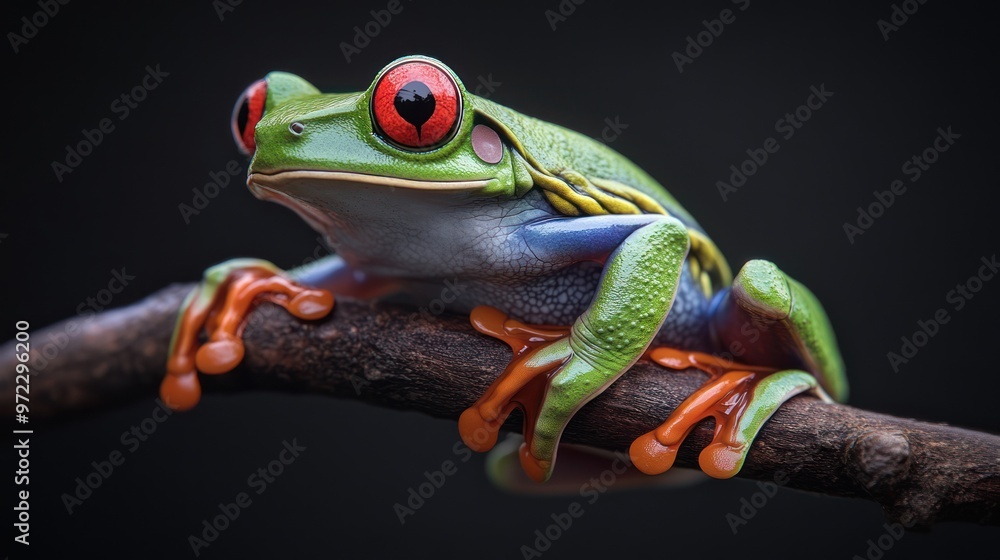 A vibrant green tree frog with bright red eyes perched on a branch, showcasing its striking colors and intricate details. A vibrant green tree frog with bright red eyes perched on a branch, showcasing its striking colors and intricate details.