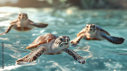 Three sea turtles gracefully swim through clear turquoise waters, showcasing their intricate patterns and vibrant colors.