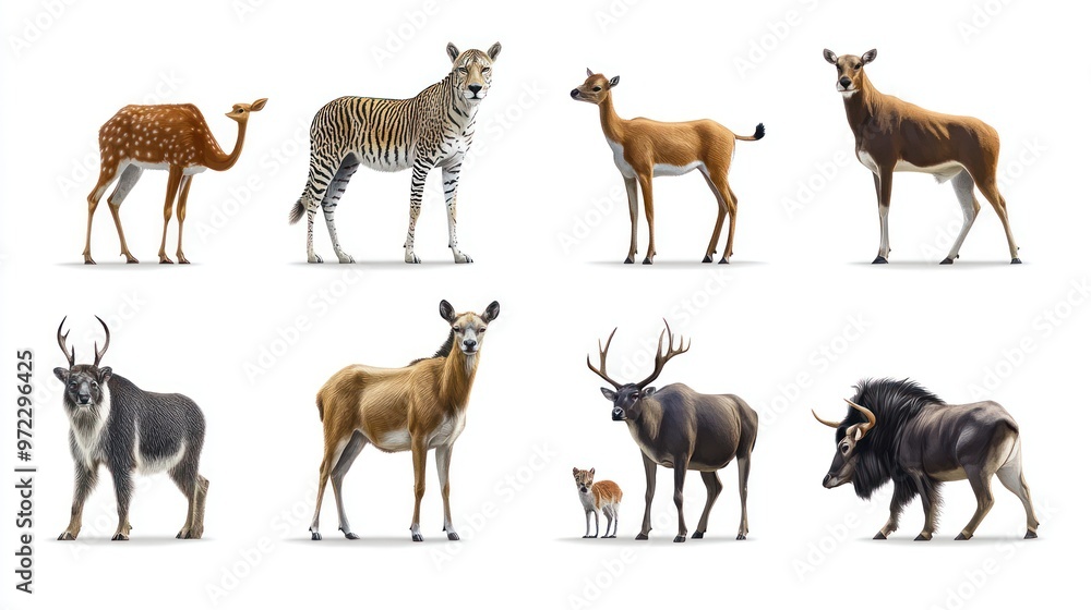 A diverse collection of wildlife including a fawn, tiger, deer, and various other animals in a striking arrangement. A diverse collection of wildlife including a fawn, tiger, deer, and various other animals in a striking arrangement.