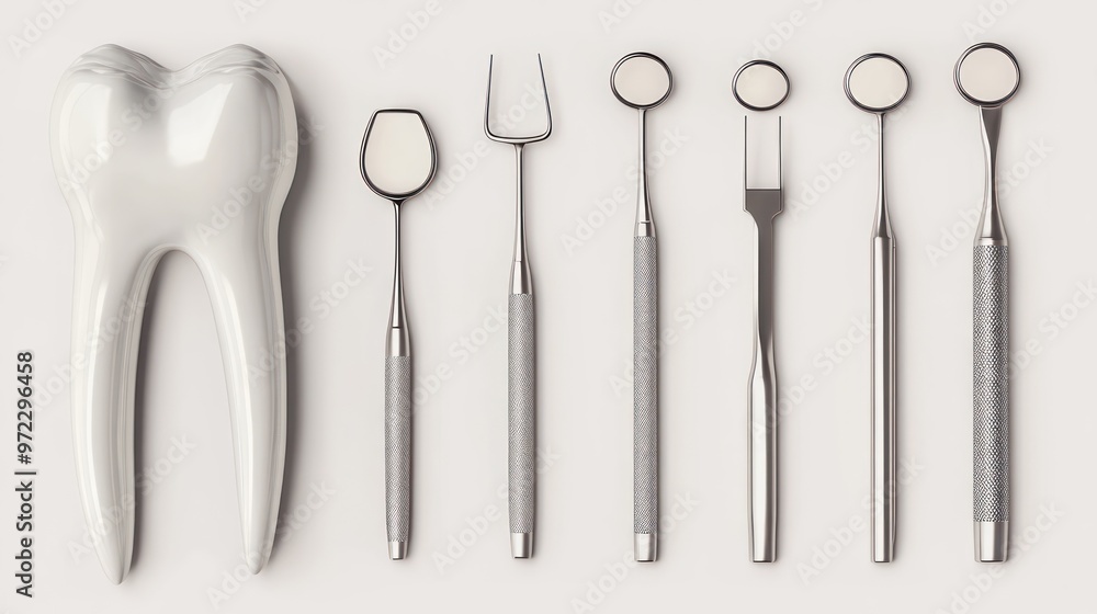 A close-up of a dental model tooth with various dentist tools, creating a clinical and professional atmosphere. A close-up of a dental model tooth with various dentist tools, creating a clinical and professional atmosphere.