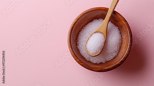 Natural sweetener in a wooden bowl on a pink background. Sugar substitute. Erythritol.