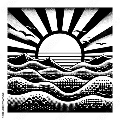 sparkling ocean waves black and white design