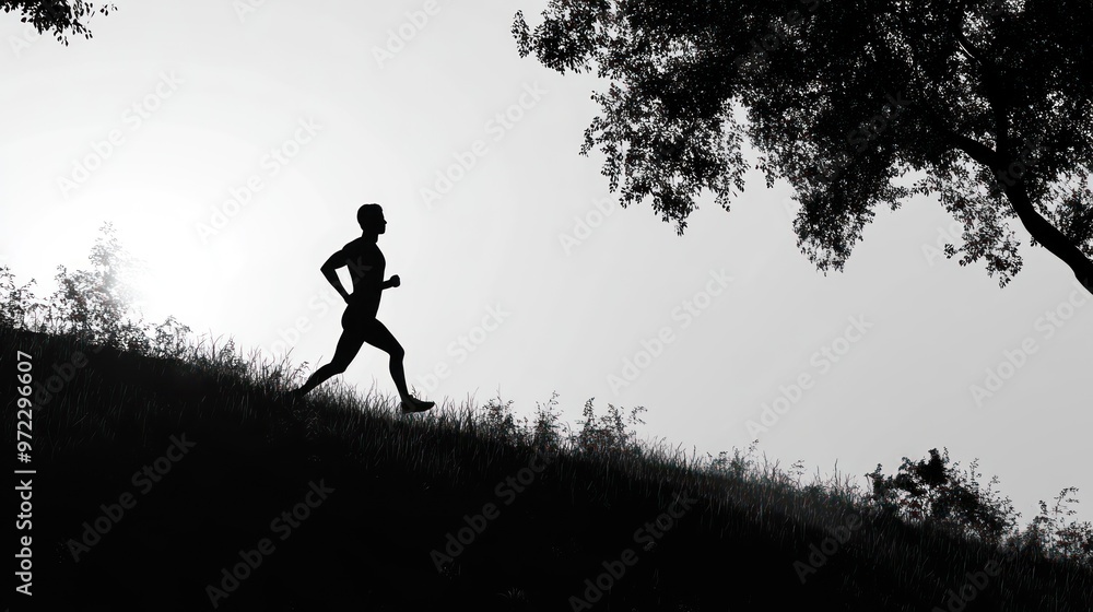 Silhouette of a male runner jogging on a hillside during sunset, showcasing determination and fitness. Silhouette of a male runner jogging on a hillside during sunset, showcasing determination and fitness.