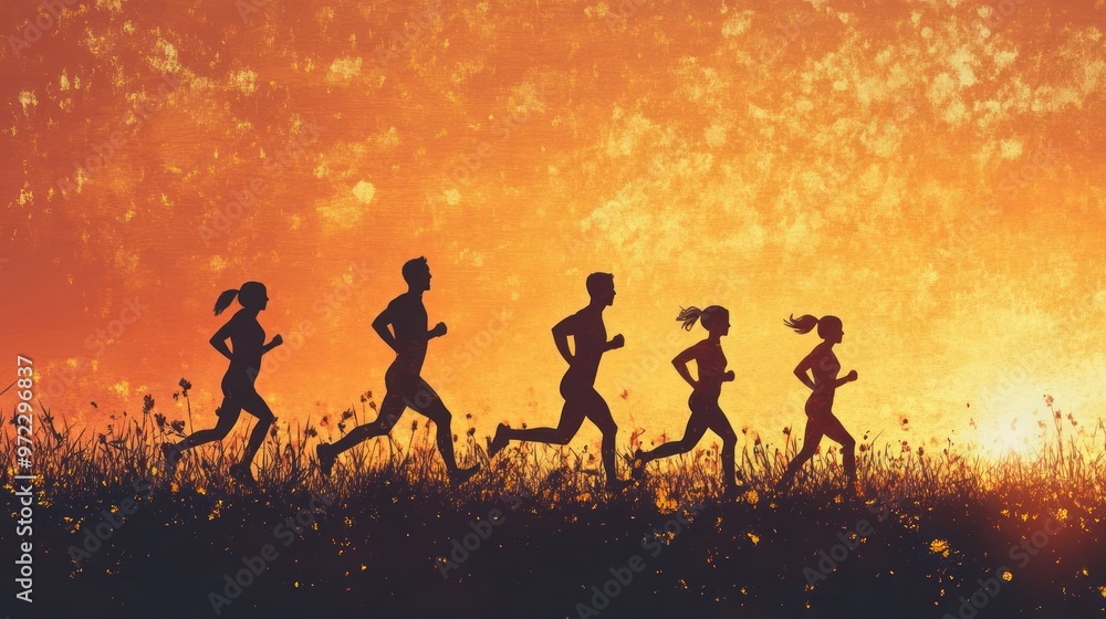 Silhouetted figures of diverse joggers against a vibrant sunset background, capturing the spirit of teamwork and fitness. Silhouetted figures of diverse joggers against a vibrant sunset background, capturing the spirit of teamwork and fitness.