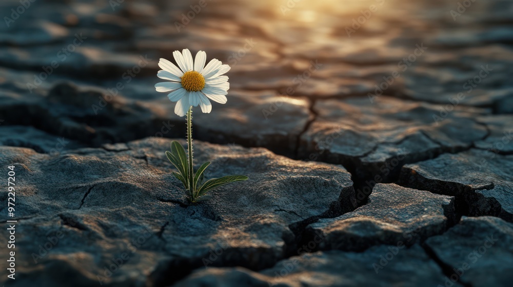 Φωτογραφία A resilient white daisy blooms on cracked, dry earth, symbolizing hope and perseverance in harsh conditions