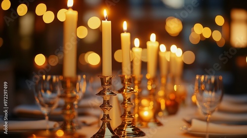 Elegant golden candle holders with tall, flickering candles, arranged in a perfect line along a festive dining table. 4K hyperrealistic photo.