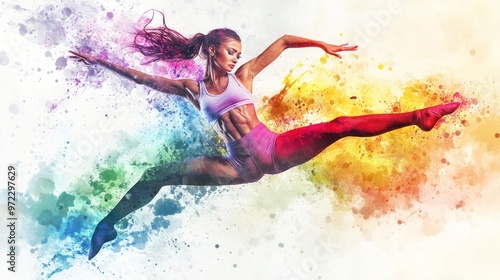 A female dancer with an athletic build leaps gracefully, surrounded by vibrant splashes of color, showcasing strength and energy.