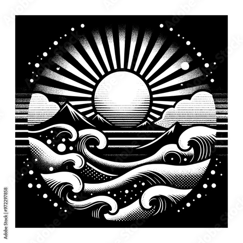 mountain and ocean waves black and white design