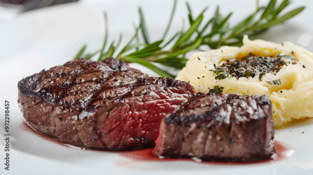 Grilled Steak with Mashed Potatoes and Rosemary Sprig Grilled Steak with Mashed Potatoes and Rosemary Sprig