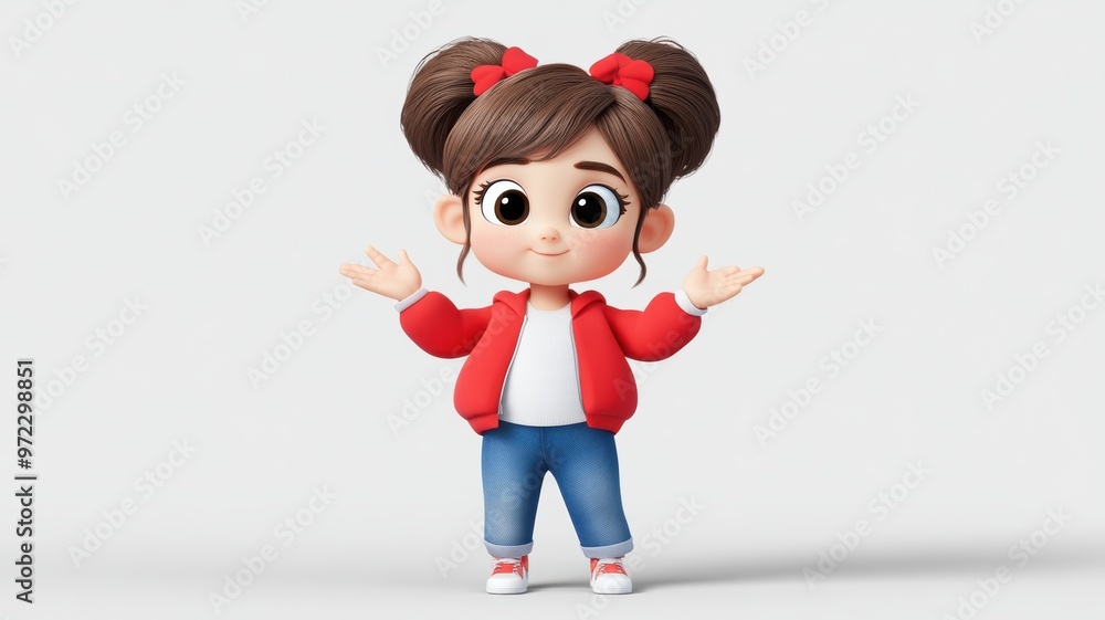 A cute animated girl in a red jacket and jeans, happily gesturing with her hands, perfect for children's content and illustrations. A cute animated girl in a red jacket and jeans, happily gesturing with her hands, perfect for children's content and illustrations.
