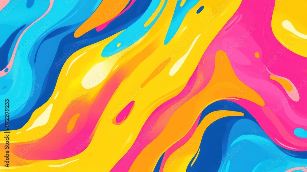 Vibrant abstract waves in blue, yellow, and pink create an energetic and lively composition. Vibrant abstract waves in blue, yellow, and pink create an energetic and lively composition.