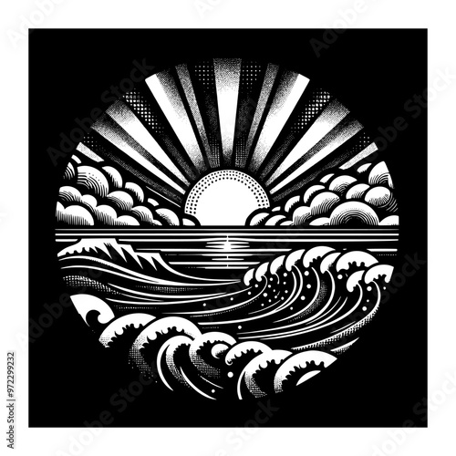 gentle ocean waves black and white design