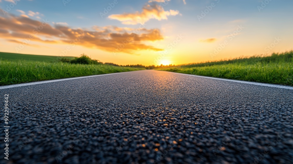 Fototapeta premium a winding road under a vibrant sunset, surrounded by lush greenery and dramatic clouds.