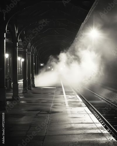 train station at night with a train in the distance