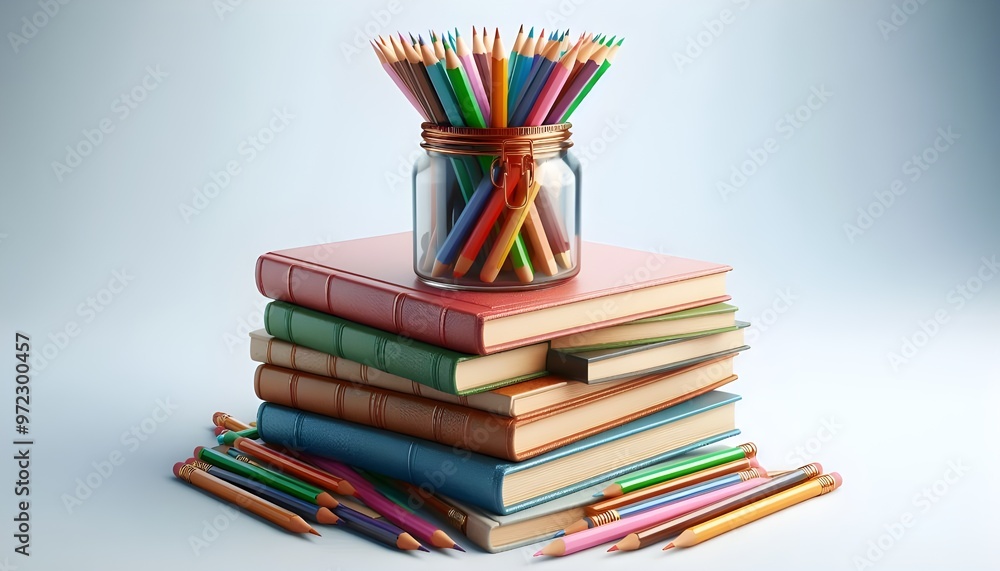 Books stacked with a jar of colorful pencils on top, isolated on white background. Concept of education and learning. 3D Rendering Books stacked with a jar of colorful pencils on top, isolated on white background. Concept of education and learning. 3D Rendering