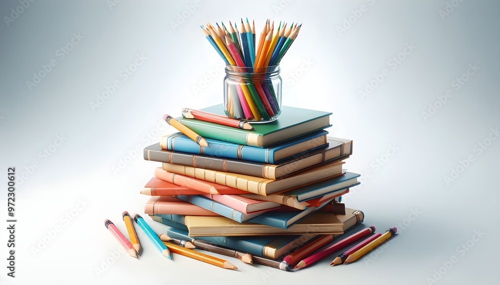 Books stacked with a jar of colorful pencils on top, isolated on white background. Concept of education and learning. 3D Rendering Books stacked with a jar of colorful pencils on top, isolated on white background. Concept of education and learning. 3D Rendering