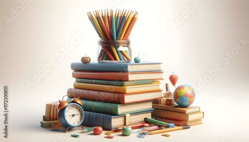 Wallpaper Mural Books stacked with a jar of colorful pencils on top, isolated on white background. Concept of education and learning. 3D Rendering Torontodigital.ca