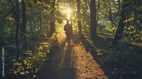 man is walking through a forest with the sun shining on him