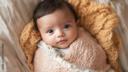 A cute baby girl with brown eyes and dark hair is wrapped in a pink and white blanket.