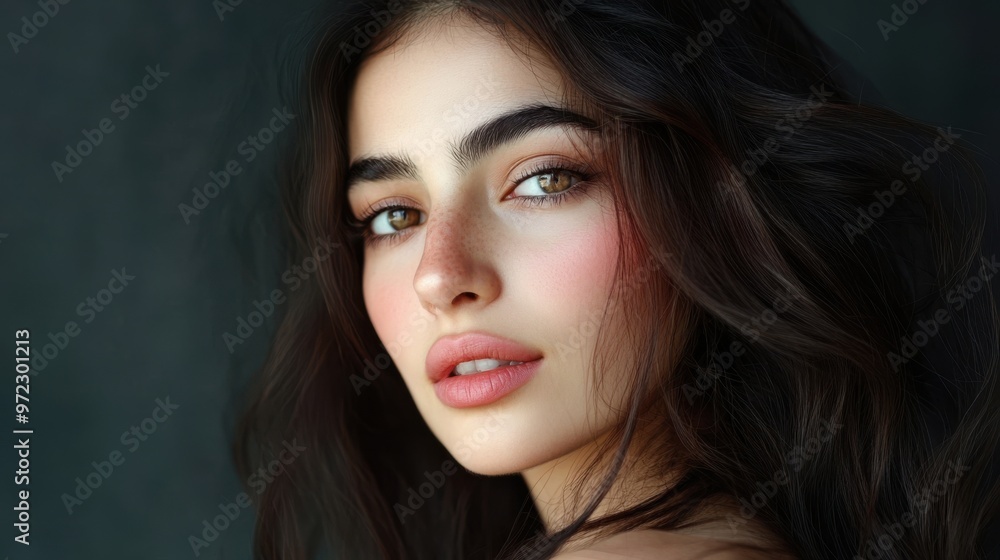 Fototapeta premium A Persian woman with long, dark brown hair, her soft pink blush perfectly complementing