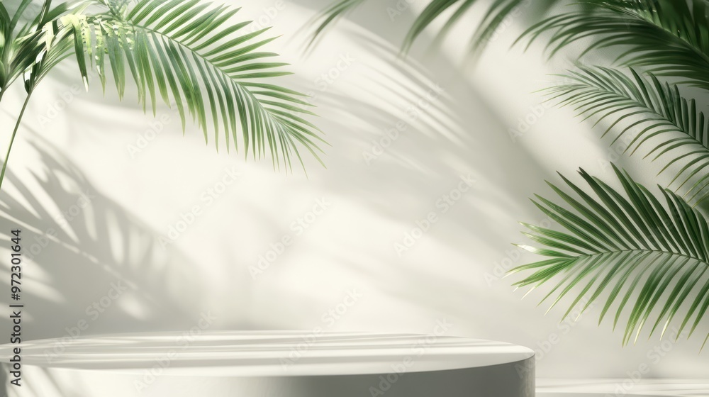 A serene scene featuring tropical green palm leaves casting shadows on a minimalistic white background. A serene scene featuring tropical green palm leaves casting shadows on a minimalistic white background.