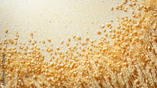 A close-up view of wheat grains scattered over a light background.