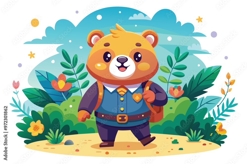 Cute bear playing in the park, around it are green leaves and beautiful colorful flowers. Vector design illustration Cute bear playing in the park, around it are green leaves and beautiful colorful flowers. Vector design illustration