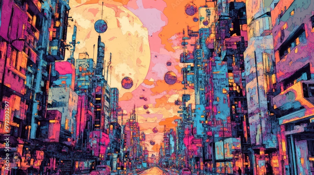custom made wallpaper toronto digitalA vibrant, futuristic cityscape featuring neon colors and a surreal sky with planets, evoking a dreamlike atmosphere.