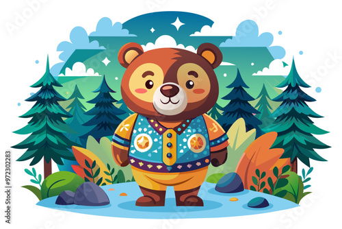 Cute bear playing in the park, around it are green leaves and beautiful colorful flowers. Vector design illustration