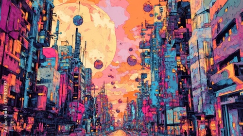 Wallpaper Mural A vibrant, futuristic cityscape featuring neon colors and a surreal sky with planets, evoking a dreamlike atmosphere. Torontodigital.ca