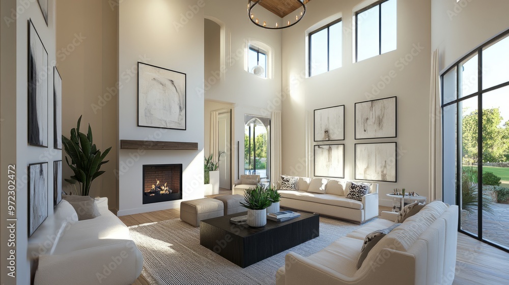 Fototapeta premium Elegant living room with high ceilings, modern art pieces, and a cozy fireplace, combining comfort and luxury perfectly.