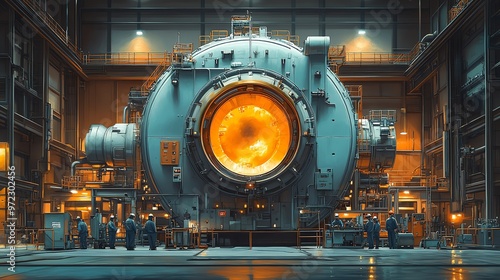 A large industrial furnace glows with intense heat, surrounded by workers in a factory setting.