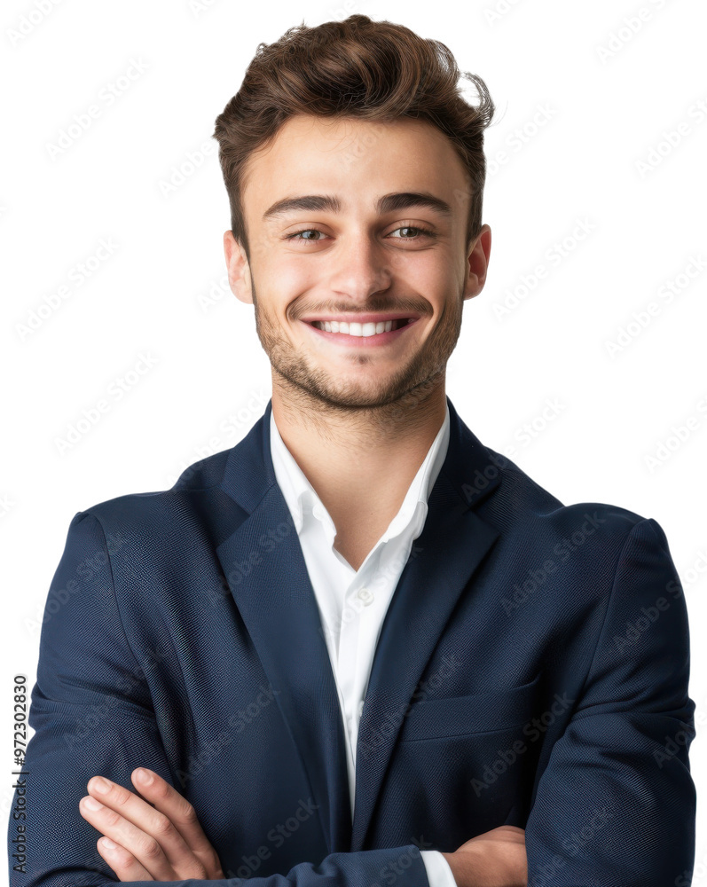 Portrait of young executive businessman happy smiling and standing posing posing arms crossed, Wear a blue navy suit, isolated on white background, png Portrait of young executive businessman happy smiling and standing posing posing arms crossed, Wear a blue navy suit, isolated on white background, png