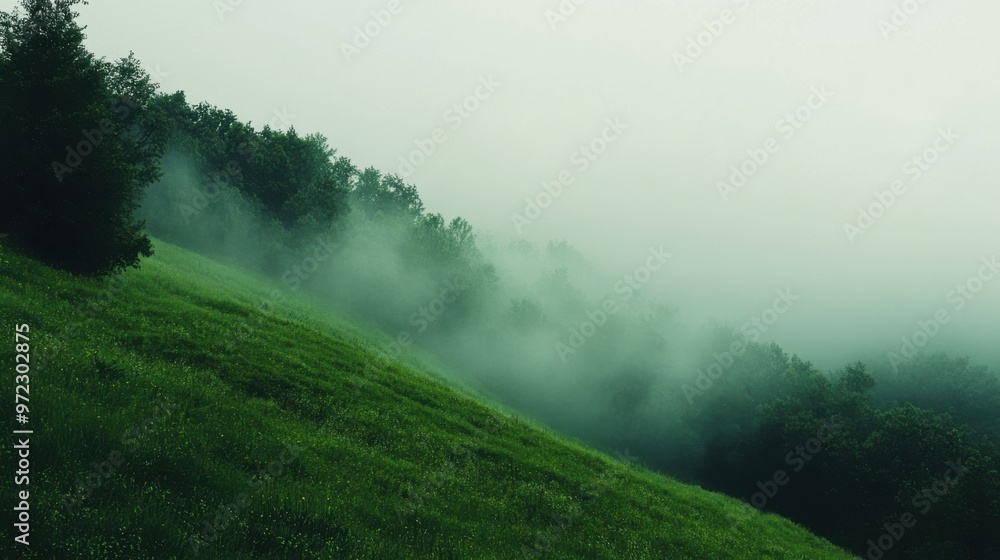 A quiet green hillside merging seamlessly into a foggy forest, where the mist blurs the lines A quiet green hillside merging seamlessly into a foggy forest, where the mist blurs the lines