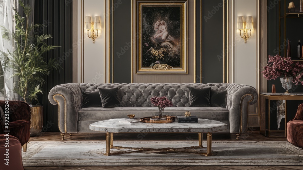Fototapeta premium Elegant luxury living room with a classic design, featuring a velvet sofa, a marble coffee table, and gold-framed artwork on the walls
