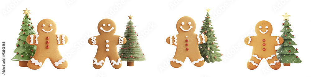 Charming gingerbread men surrounded by festive Christmas trees, perfect for holiday-themed decorations and cheerful celebrations. Charming gingerbread men surrounded by festive Christmas trees, perfect for holiday-themed decorations and cheerful celebrations.