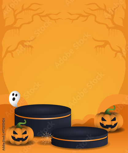 Halloween showcase background with podiums, pumpkin and spooky ghost with copy space area