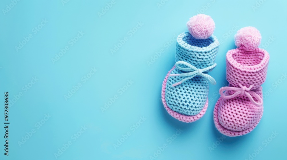 Pink and blue baby booties on a blue background top view Pink and blue baby booties on a blue background top view