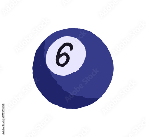 Icon of blue ball with number six. Athletic inventory with round shape to play cue sport. Equipment for snooker, pool billiards. Sphere for game. Flat isolated vector illustration on white background