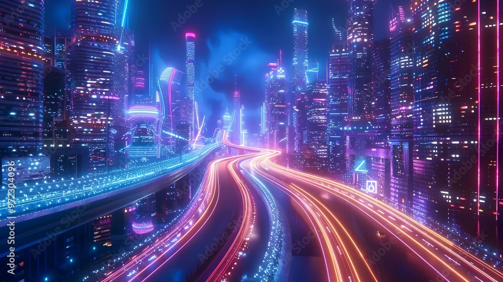 Futuristic Cityscape with Neon Lights at Night Futuristic Cityscape with Neon Lights at Night