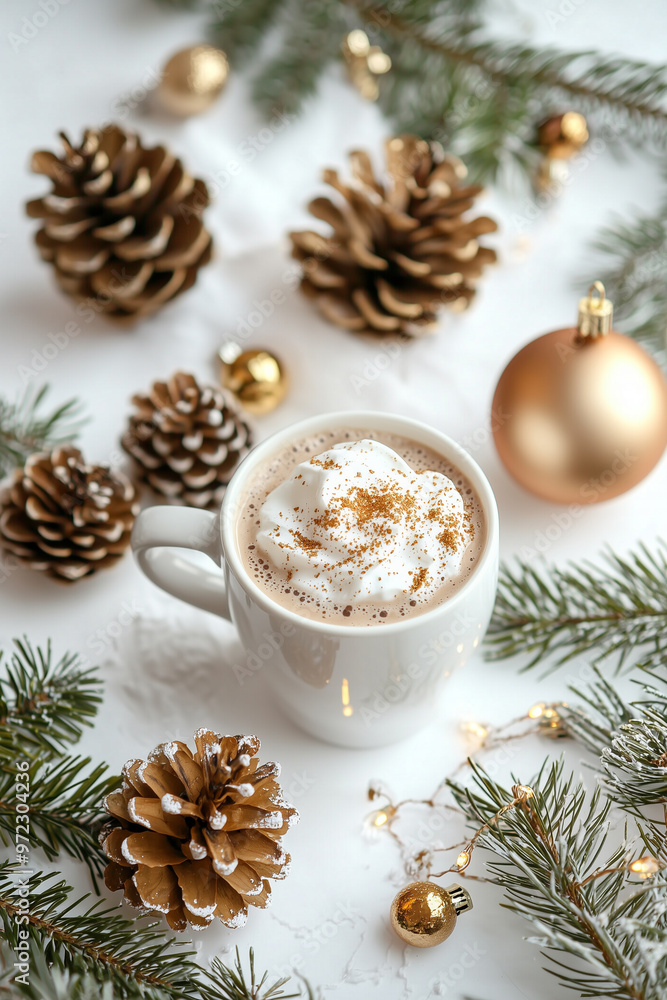 A white mug filled with a frothy beverage, possibly hot chocolate or coffee, topped with a sprinkle of cinnamon A white mug filled with a frothy beverage, possibly hot chocolate or coffee, topped with a sprinkle of cinnamon