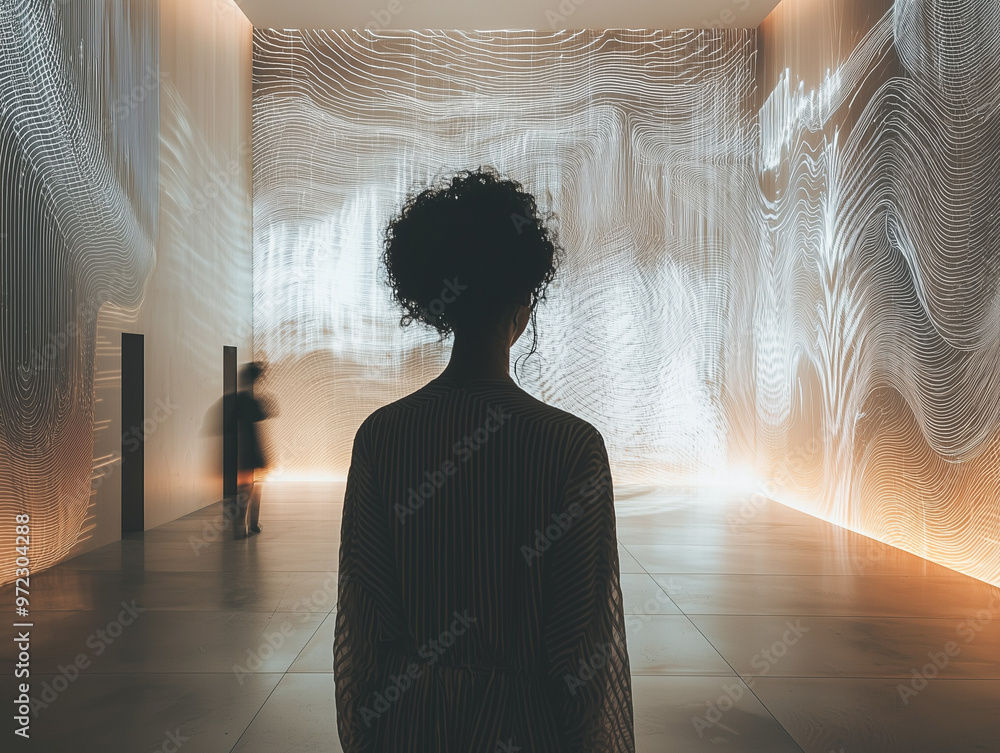 A person from behind, looking at an illuminated art installation with ...